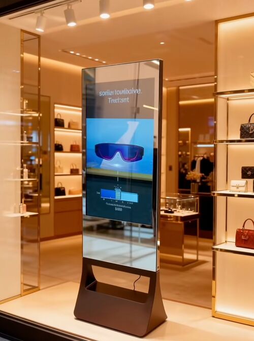 Neueste Unternehmenslösungen zu Das elegante und luxuriöse 43-Zoll-Digital-Signage, das die neuesten Modemarken perfekt integriert, wird die Sichtbarkeit der Produkte Ihres Geschäfts erheblich steigern.